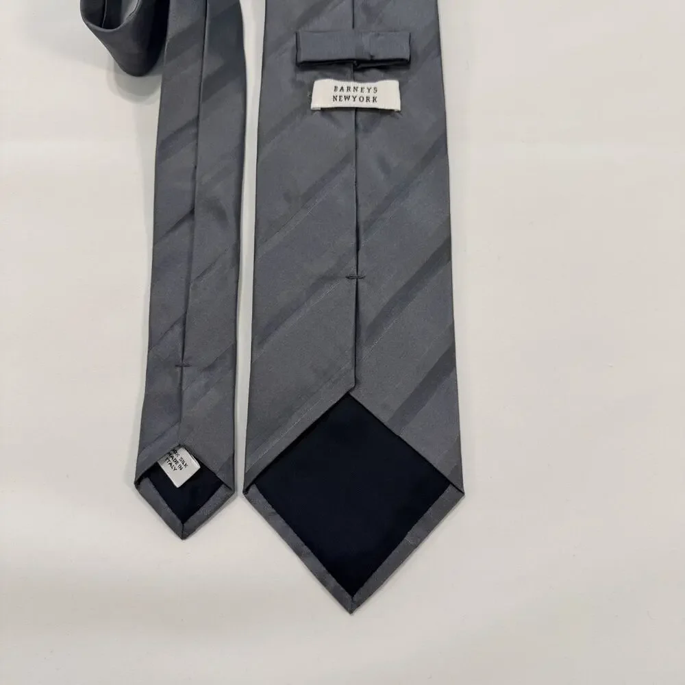 Barneys New York Gray And Black Striped 100% Italian Silk Tie